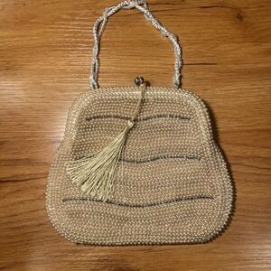Vintage Cream Beaded Purse Off White Bridal Evening Handbag With Kisslock Clasp